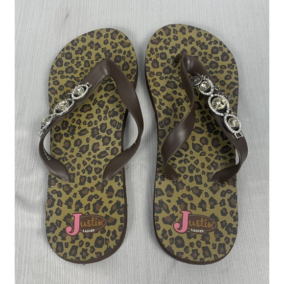 Justin Leopard Print Dangle Charm Flip Flops Women's size‎ 9 - Picture 1 of 10